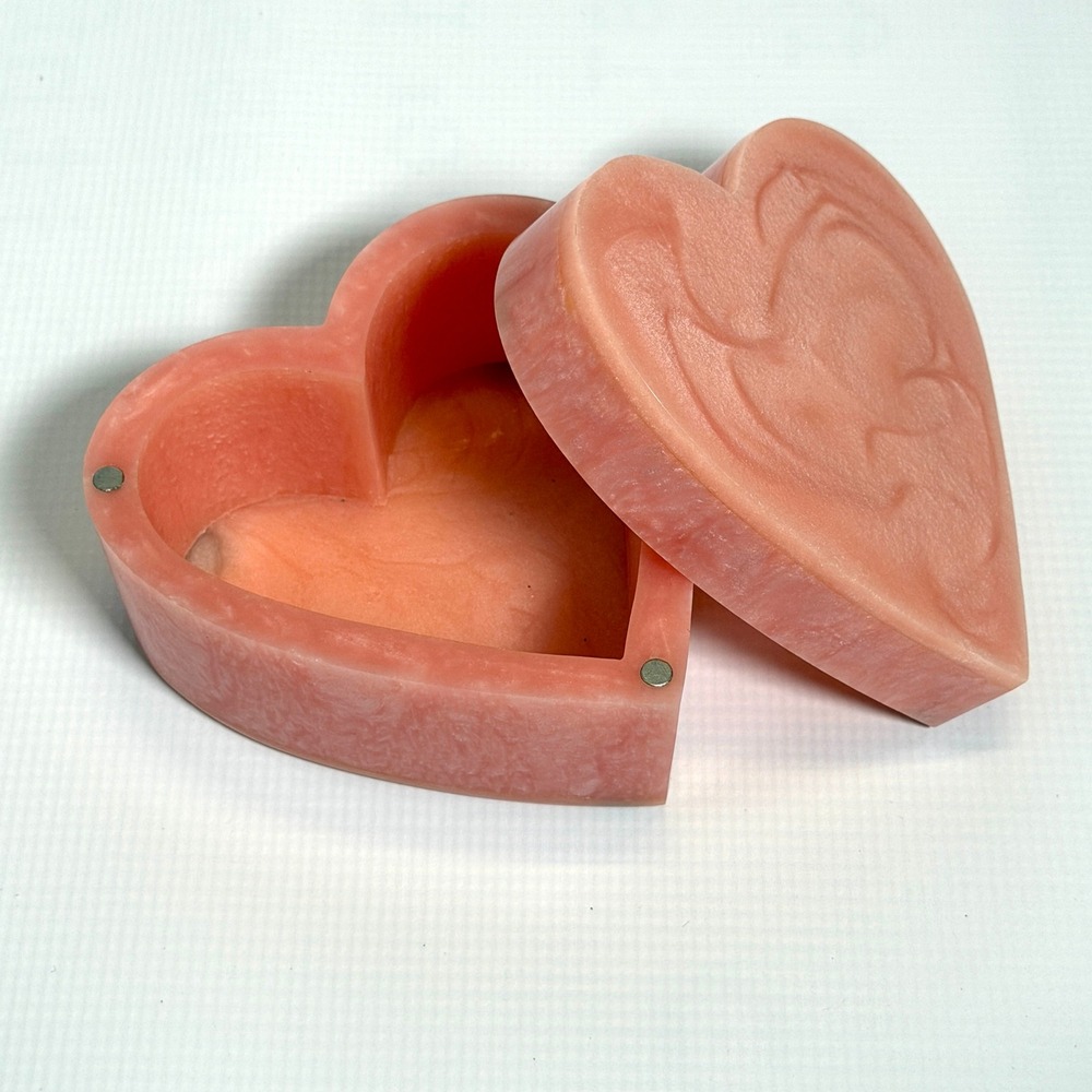 Pink Marbled Resin Heart Trinket Box Floral Lid Magnetic Closure 5.5in Case